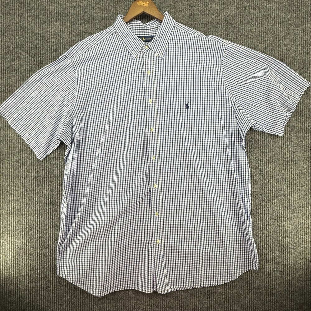 Ralph Lauren Men's 3XLT Seersucker Cotton Blue/White Check Short Slv Button-Up